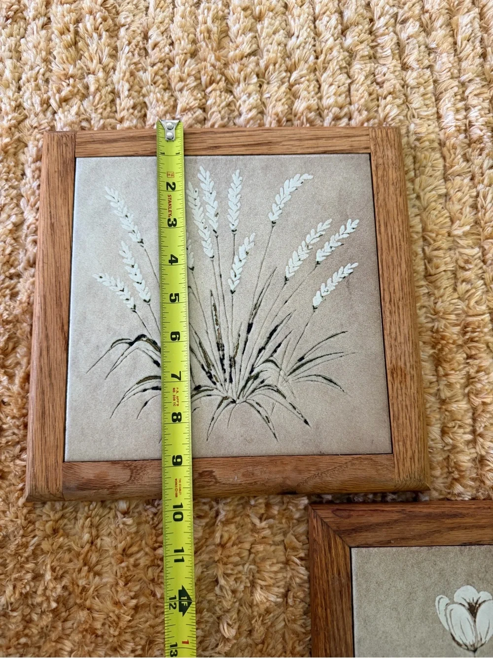1970 Large Trivet Frame Heavy Ceramic Tile Wheat | White Flowers Pattern